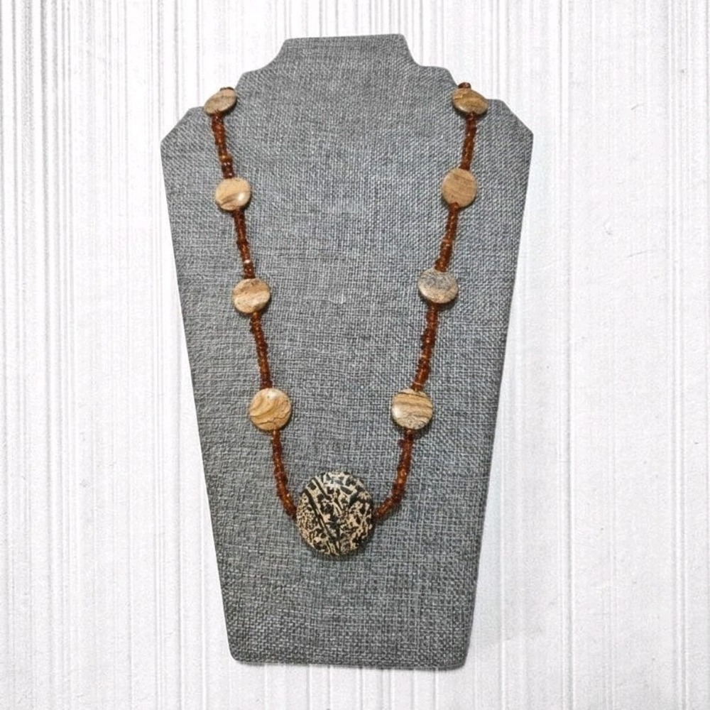 Jasper & Natural Amber Necklace 26" with Rare Brutalist Silver Toggle